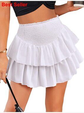 High Waist Ruffle Flowy Mini Skirt Polyester Casual Boho Layered Pleated